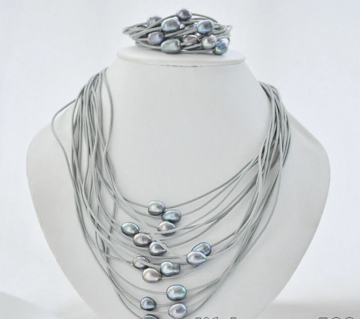 

Free shipping New style Natural noble jewelry>>>>z6968 15Strds 13mm black rice pearl gray leather necklace & bracelet