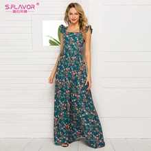 Женское праздничное платье без рукавов S.FLAVOR, элегантное длинное винтажное платье с квадратным вырезом и цветочным принтом, платья для весны и лета