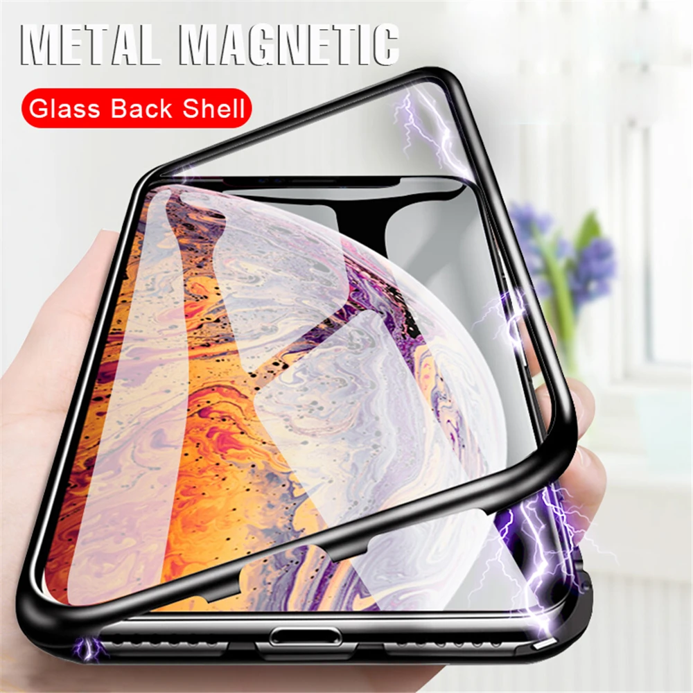 

Metal Magnetic Case for iPhone XR XS MAX X(10) 8 Plus 7 Plus Tempered Glass Back Magnet Cases Cover for iPhone 7 6 6S Plus Case