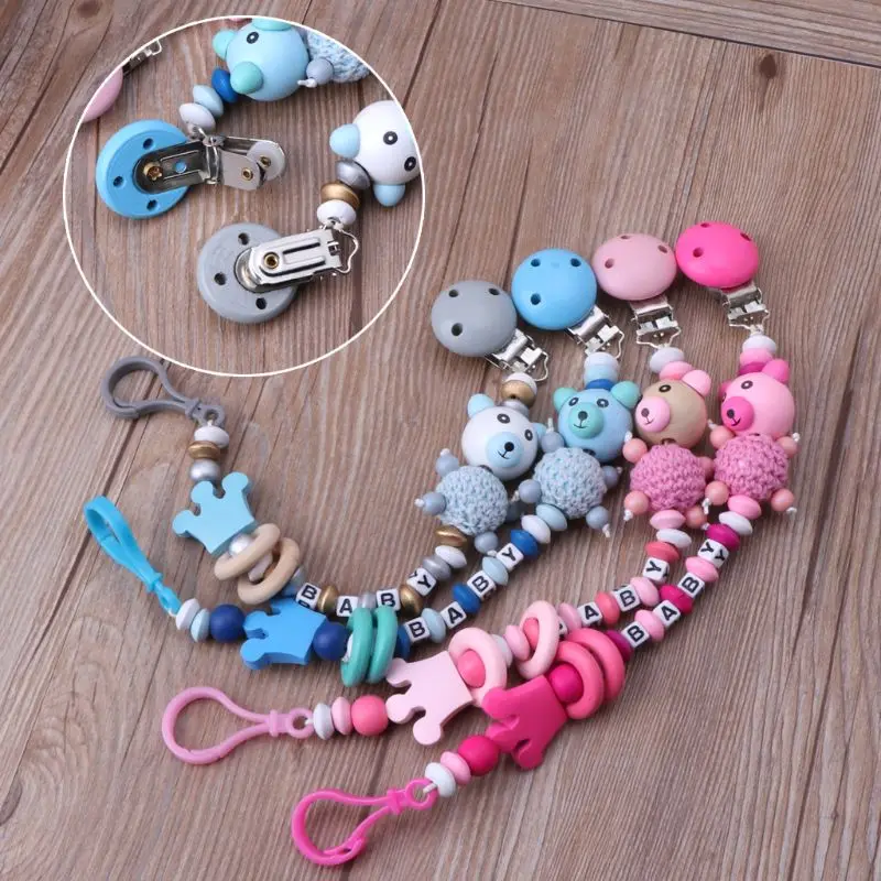 Baby Pacifier Clip Chain Infant Boys Girls Cute Cartoon Bear Letters Toys Teether Pacifier Chain Holder Baby Nipple Feeding