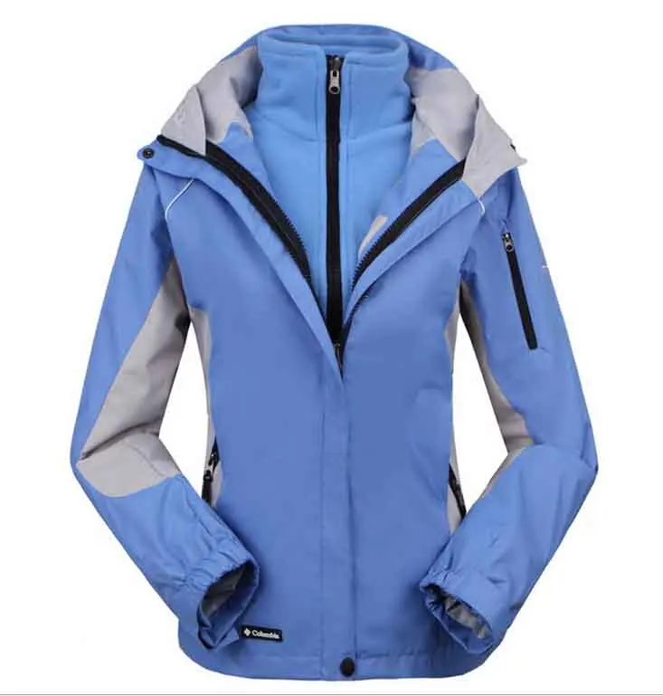 Женская лыжная куртка с искусственным мехом и светильник, женская спортивная куртка на открытом воздухе, теплый водонепроницаемый костюм 2 в 1, Женская лыжная одежда, пальто - Цвет: Sky blue