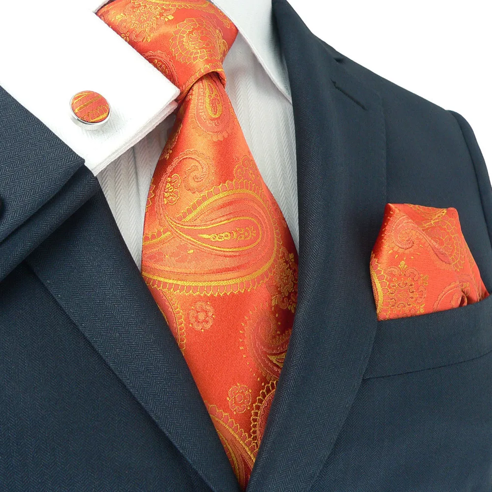 Landisun Fashion 376 Bright Orange Paisley Mens 100 Silk Neck Tie Set