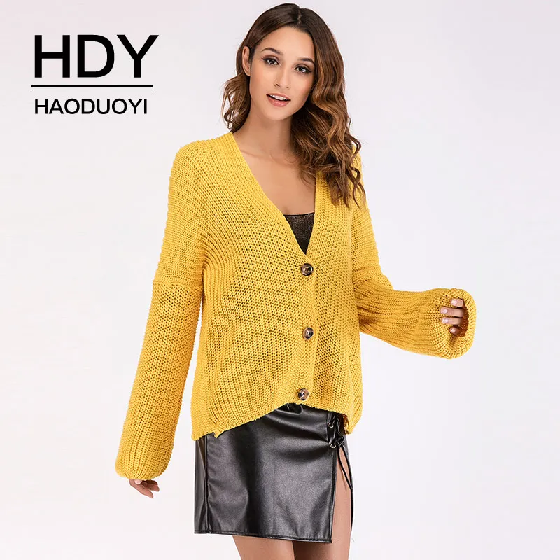 HDY Haoduoyi Yellow Cardigans Women Sweater Single Breasted Long Sleeve