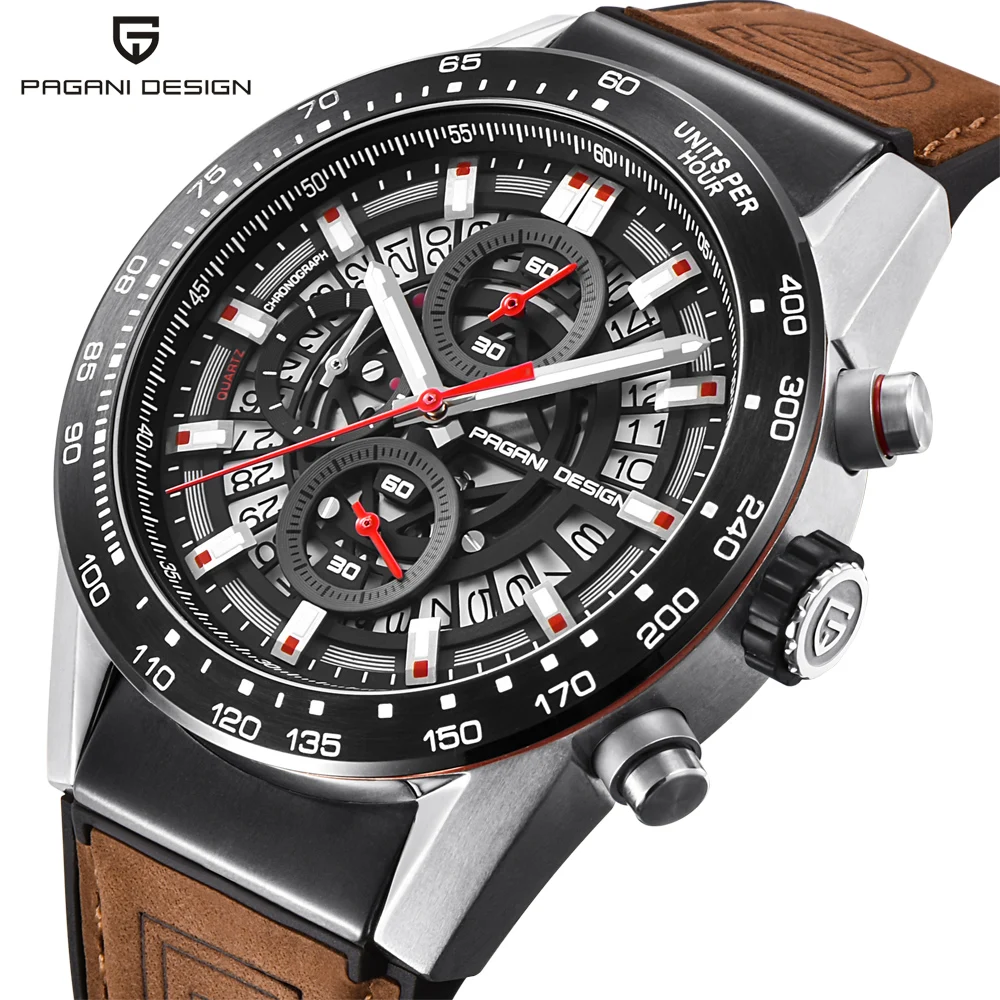 

Top Brand PAGANI DESIGN New Fashion Skeleton Sport Chronograph Watch Leather Strap Quartz Mens Watches Luxury Waterproof Clock