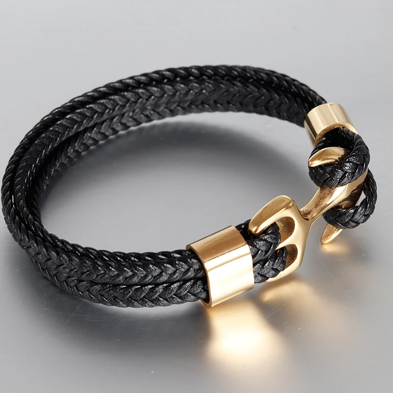 Classic Gold Genuine Leather Anchor Stainless Clasp Black Braid Genuine