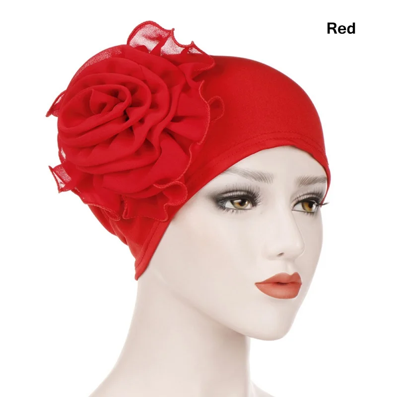 1 шт. кружевной цветок рюшами мусульманский хиджаб исламский Джерси для женщин тюрбан химиотерапия шляпа шарф дамы новая мода зима теплый головной убор кепки - Цвет: red