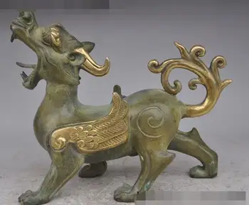 

S01718 10"chinese folk fengshui bronze gilt Kirin Kylin Unicorn Pixiu fly beast statue