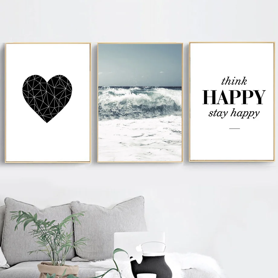 Sea Wave Geometric Heart Quotes Happy Wall Art Canvas Painting Nordic Posters And Prints Wall Pictures For Living Room Decor