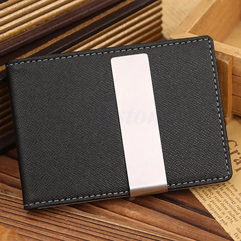 

THINKTHENDO Fashion Solid Hot Sale High Quality New Men Leather Silver Money Clip Slim Wallet Black Purse
