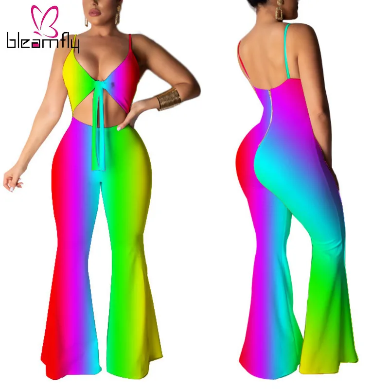 

Sexy Tie Dye Glitter Printed Rompers Womens Jumpsuit Spaghetti Strap Backless Wide Leg Boho Long Playsuit Ladies Overalls