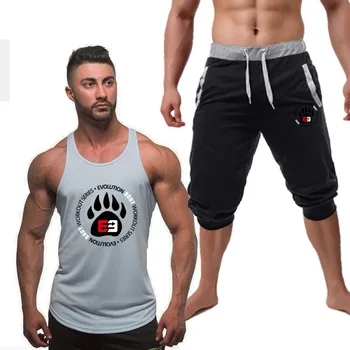 

gym Sportsuits Set Men Brand Fitness Suits 2019Summer Top Short Set Mens Stand Round Fashion 2 Pieces Tank Top Shorts Tracksuit