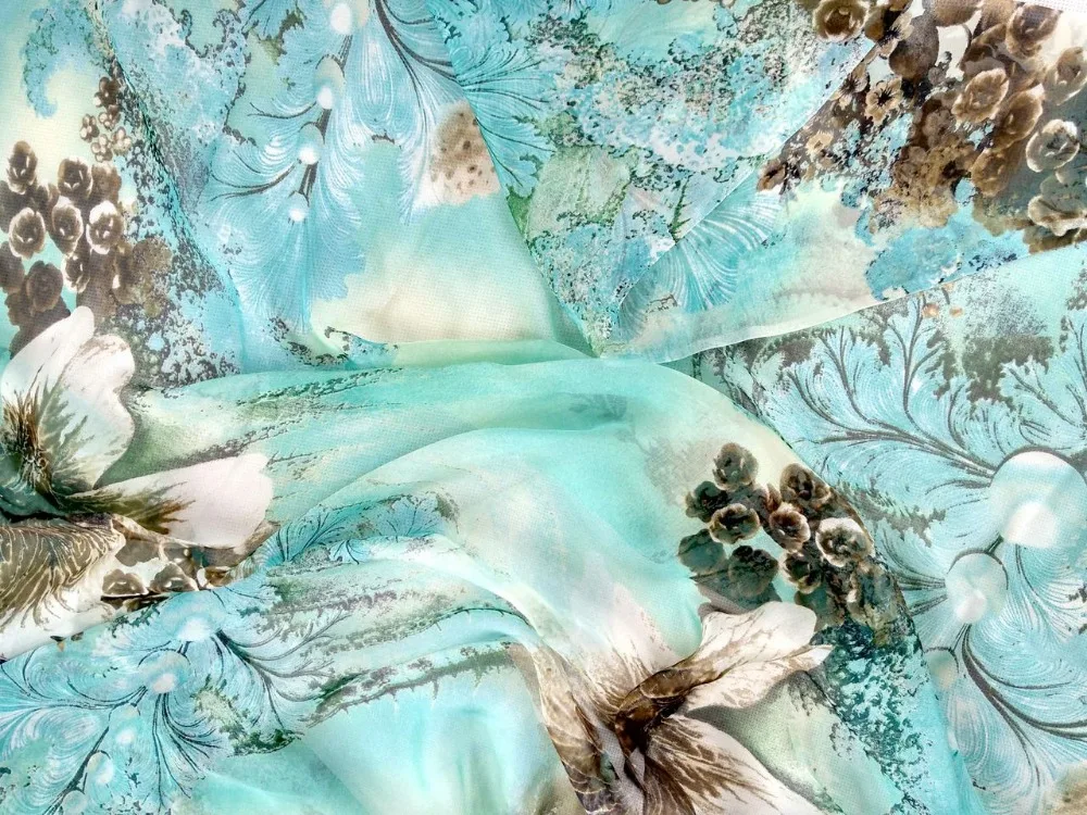 Telas Pure 100 Mulberry Silk Chiffon fabric Sky blue flowers Print