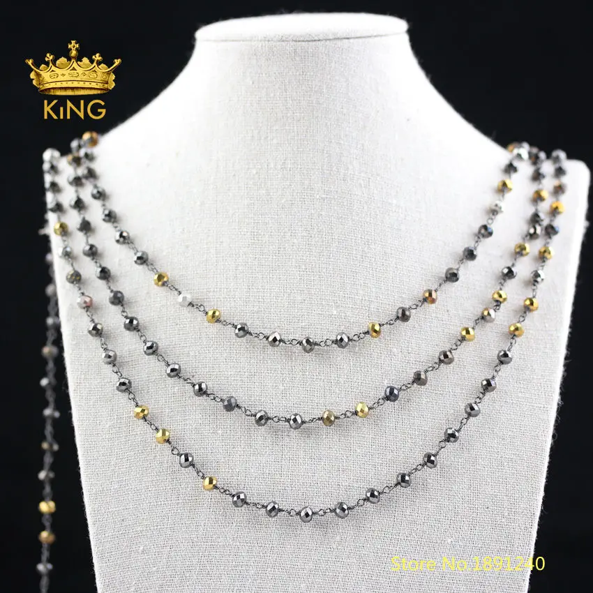 

5meters Gold/Brown/Black/Silver Titanium Glass Beaded Chains,Gunmetal Plated Copper 4x6mm Faceted Rondelle Glass Chain ZJ244