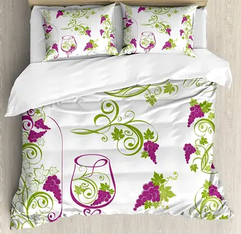 

Wine Duvet Cover Set Wine Bottle and Glass Grapevines Lettering with Swirled Branches Lines Bedding Set Purple Lime Green White