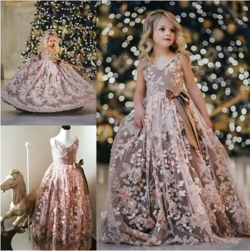 

Luxury High Quality Flower Girl Dress Pearls Lace Applique V Neck Girls Pageant Gown Birthday Party Dress Custom Made Size