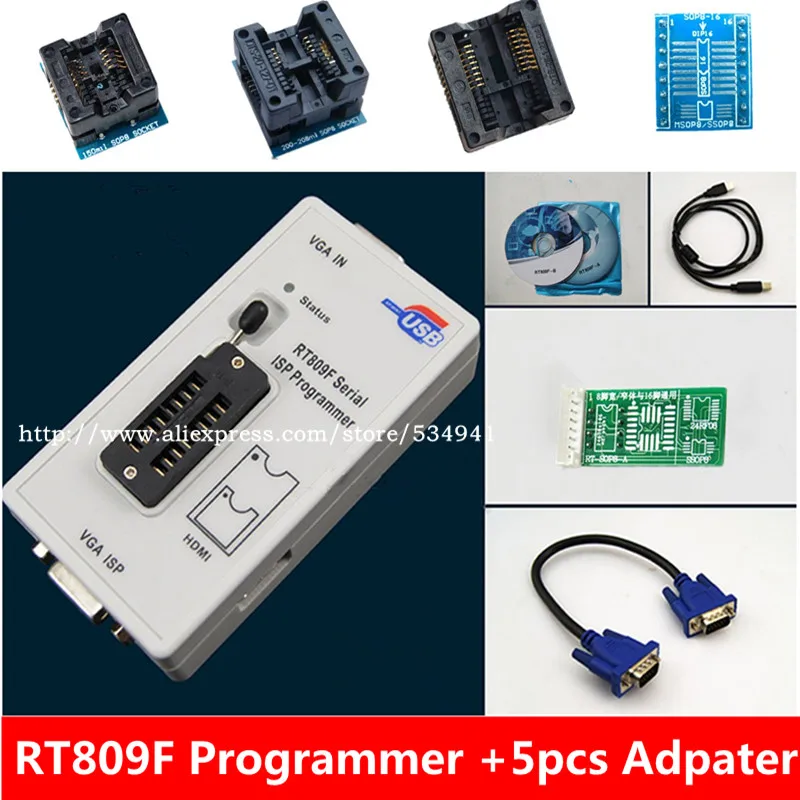 Новейший оригинальный RT809F программатор + 5 адаптеров VGA ЖК плата ICSP 24 25 93 серия IC