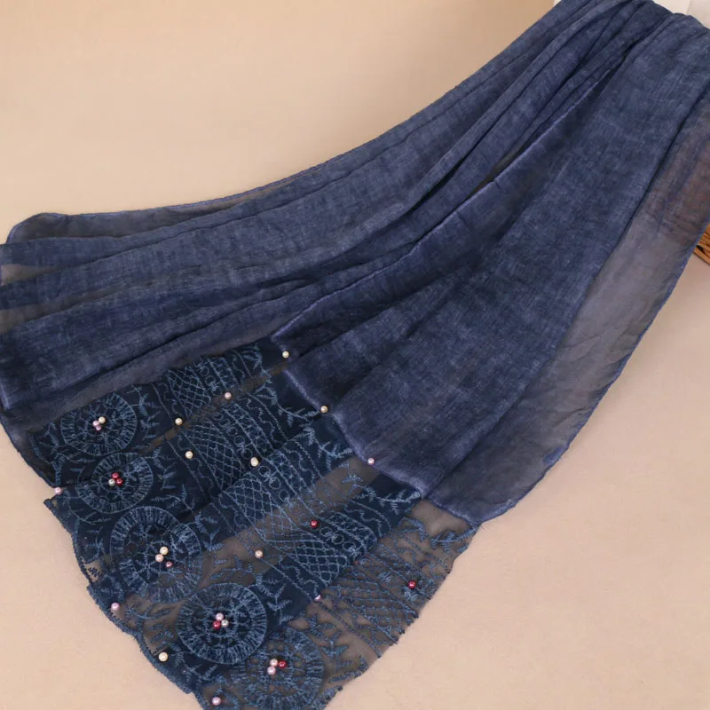 

Plain Navy Blue Lace Beads Viscose Shawl Scarf High Quality Echarpe Foulard Femme Wrap Neck Snood Muslim Hijab Cachecol 180*75Cm