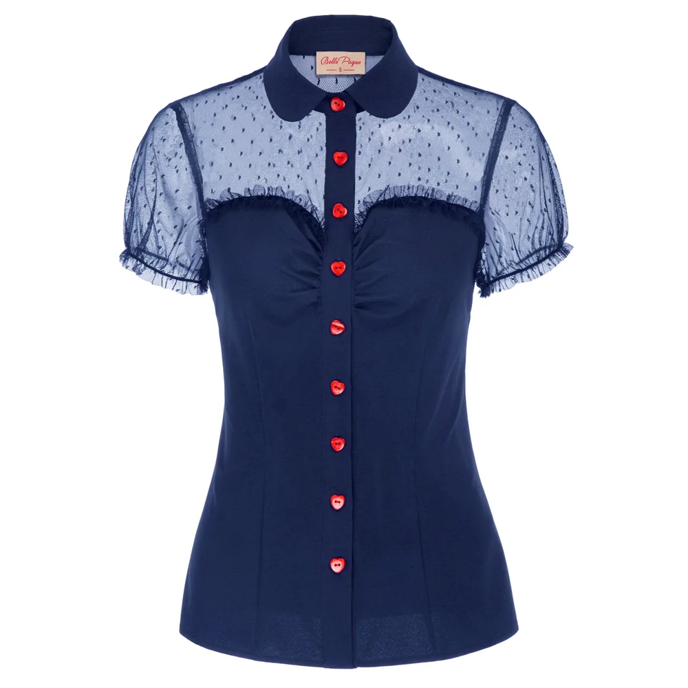 

BP Women's Short Sleeve Lapel Collar Red Buttons Mesh Fabric Patchwork Tops