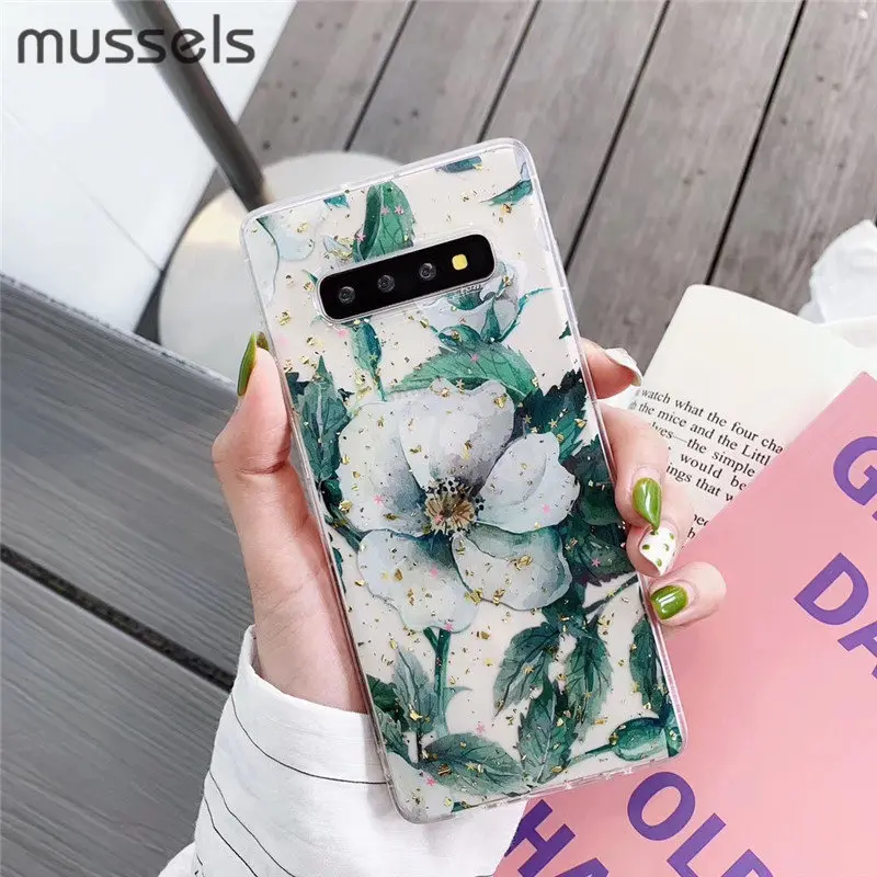 MUSSLES Soft TPU Phone Case For Samsung Galaxy S9 S10 Plus S10e Note 8 9 Retro Flowers Clear Bling Gold Foil Cover |