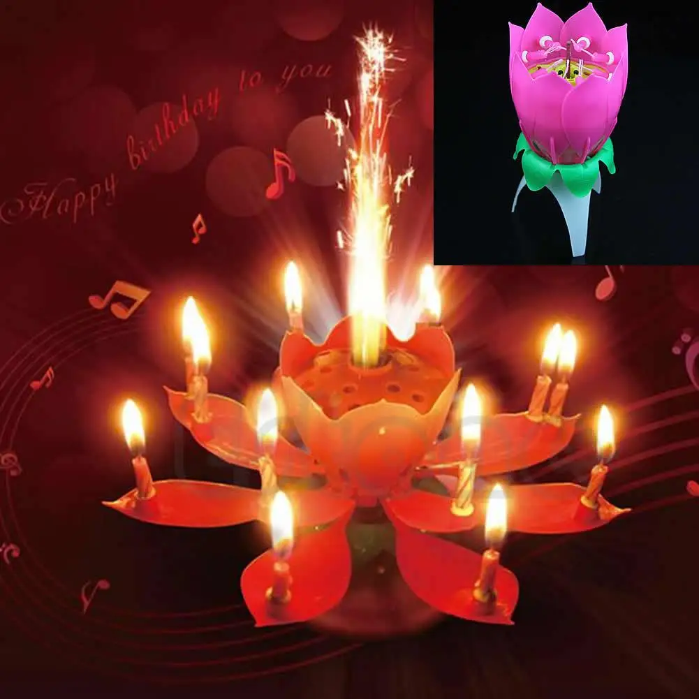 Музыкальный цветок лотоса с днем рождения Свечи огни украшения торта