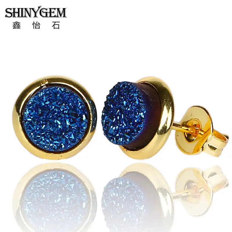 ShinyGem 6 мм/8 мм/10 мм/12mm круглый Агат Серьги позолота Натуральный камень гвоздики милые минеральная Кристаллические серьги для Для женщин - Окраска металла: Blue