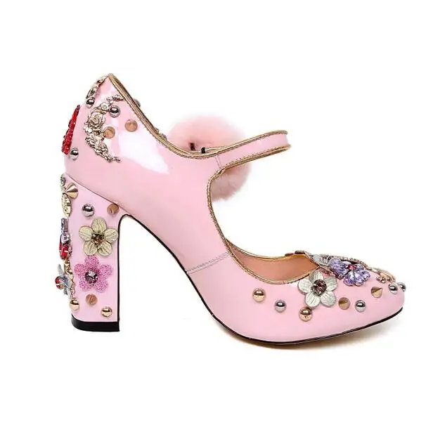 Vintage Pink Pom Pom Decor High Heel Pumps Mary Jeans Spike Crystal Flower Embellished Wedding Party Dress Shoes Round Toe Women's Shoes