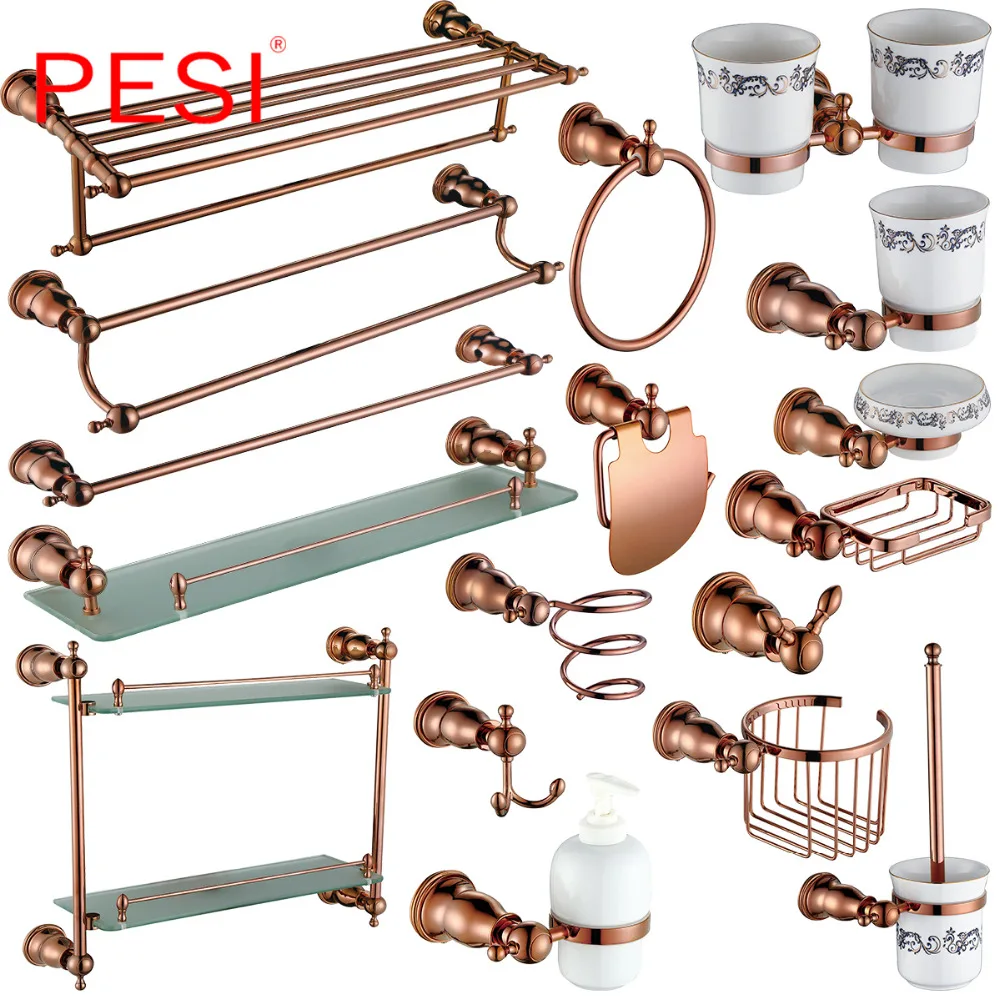 

Bathroom Accessories Hardware Set Robe Coat Hook Towel Rail Rack Bar Shelf Toilet Paper Tissue Toothbrush Holder, Rose Gold.