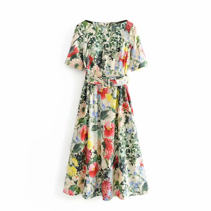 

Summer Women Dress Women Printed Casual Short SleeveWaist Belt Dress Vintage A-Line Slim Mid-Calf Female Sundress