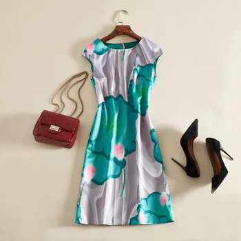 

Hot Sale Lotus Print Women Dress Elegant O-Neck Sleeveless Casual Dresses F5131