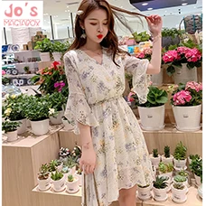 Women-Summer-Print-Chiffon-Sweet-Dress-A-Line-Casual-Office-Half-Sleeve-Ruffles-Dress-Empire-V