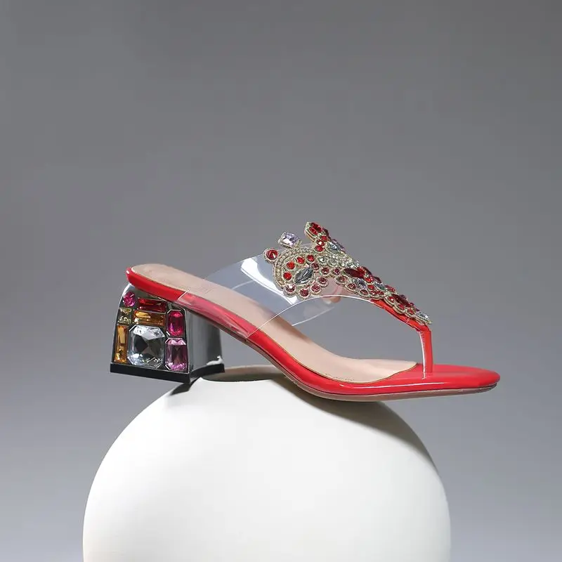 MORAZORA/ натуральная кожа женские тапочки Стразы квадратный Обувь на высоком каблуке с украшением в виде кристаллов Летняя обувь; Вьетнамки; Дамская обувь