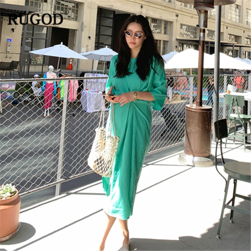RUGOD 2019 Новое Женское однотонное свободное платье стильное на пуговицах с круглым