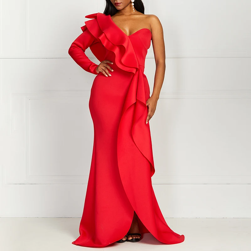 В африканском стиле элегантные пол сексуальный халат Винтаж Для женщин длинные вечерние платья размера плюс осень одно плечо с манжетами, цвет-красный, женские летние макси платье