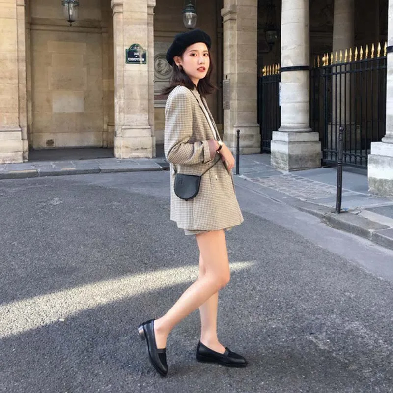 Vintage Double Breasted Office Ladies Plaid Blazer Women Long Sleeve Loose Houndstooth Suit Female Jacket Women's Blazers 2019