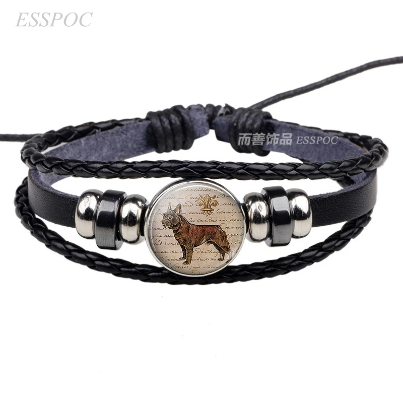 

French bulldog glass dome black button knitted leather pendant dog jewelry bracelet fashion accessories romantic gift