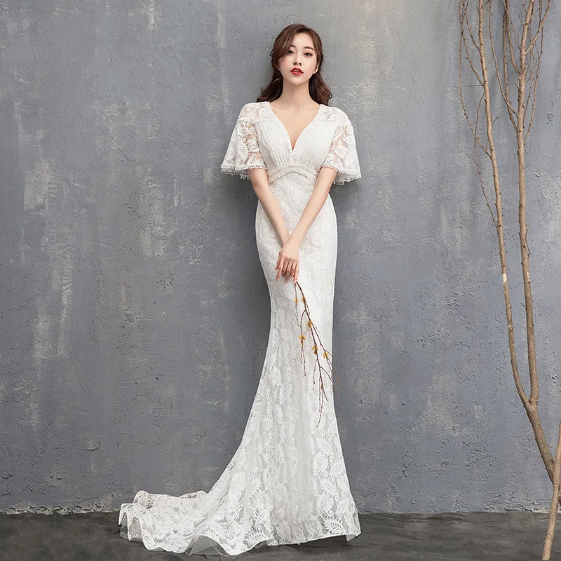 

Beauty White Lace Wedding Dresses 2019 Long Mermaid Half Sleeve Beautiful Wedding Party Women Bridal ReflectiveDresses