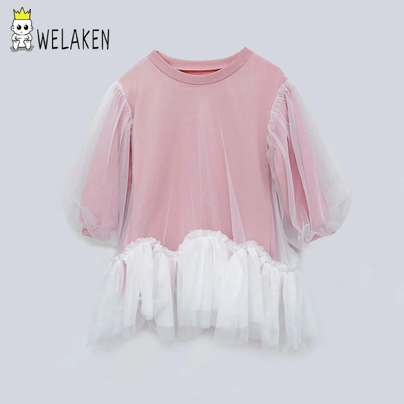 

welaken New Fashion Babe Girls Dresses 2019 Mesh Lace Fall Spring Clothes Round Neck Long Sleeve Lovely Style Kids Clothes Girl
