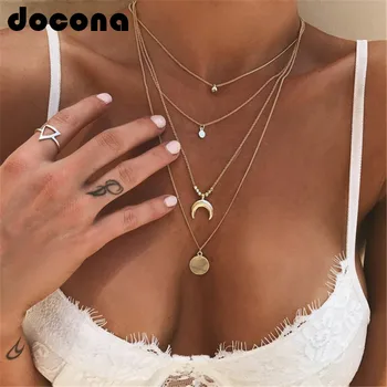 

docona Vintage Gold Color Horn Circle Pendant Necklace for Women Girl Bohemian Metal Crescent Layered Necklaces Collar 6175