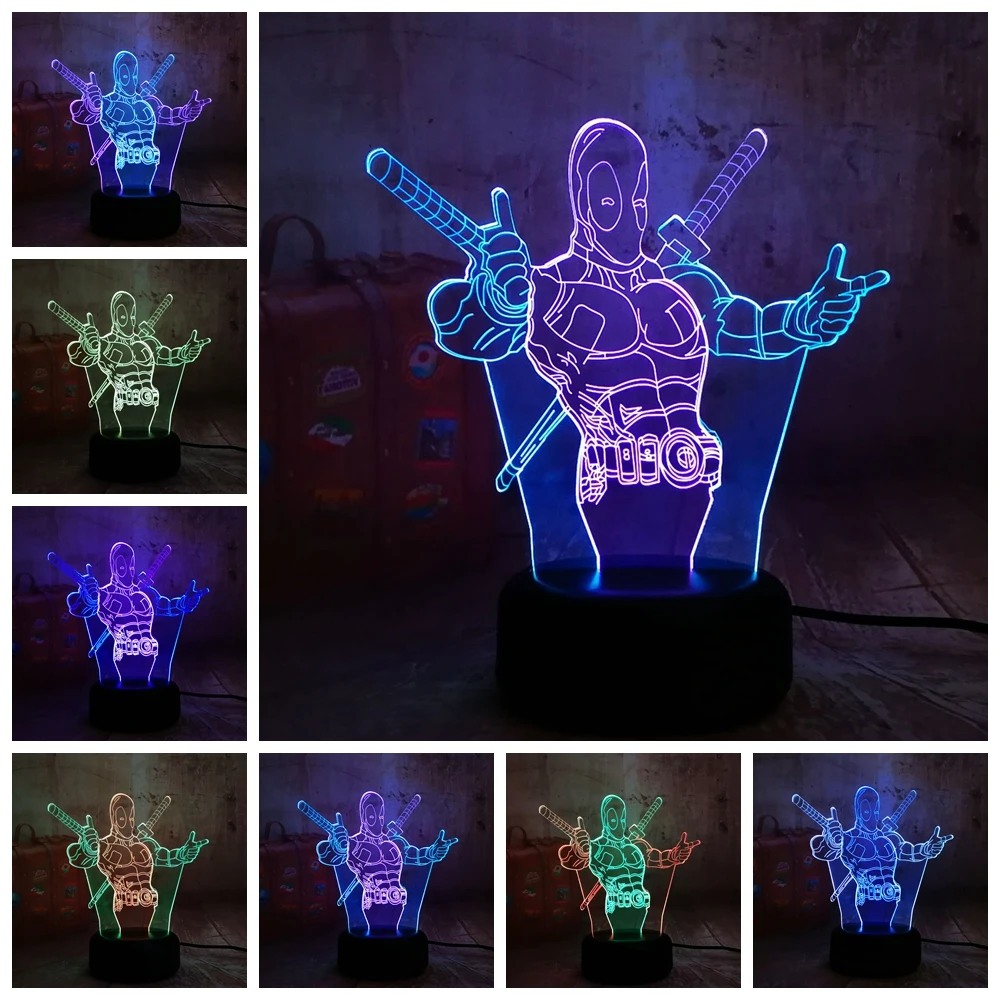 Новинка Marvel Hero Deadpool 3D RGB светодиодный Ночной светильник 7 смешанных двух цветов