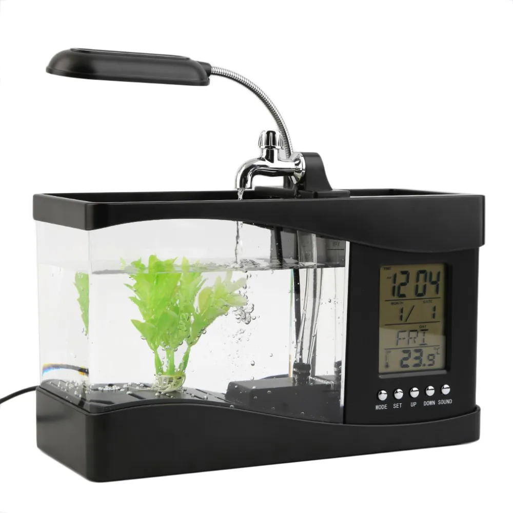 1.5L USB Desktop Mini Fish Tank Aquarium LCD Timer Alarm Clock LED Lamp Light Black recirculation Temperature Calendar