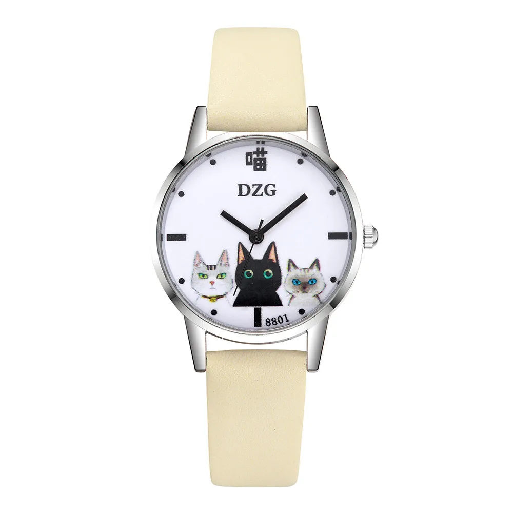 Женские модные часы с милым рисунком кота, цифровой циферблат, кожаный ремешок, Кварцевые аналоговые наручные часы, Reloj de dama Y501 - Цвет: Beige