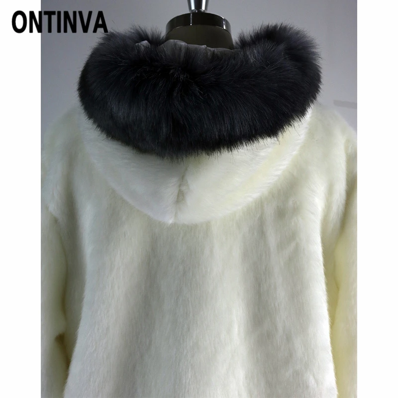 Faux Fur Coats Women Fluffy Artificial Fox Fur Overcoat with Belt Winter Warm Jackets Long Sleeve Hooded Plus Size 6XL Outerwear