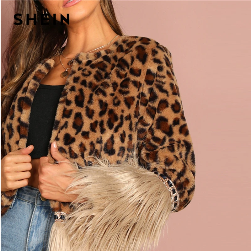 SHEIN Пальто Из Искусственного Меха С Контрастной Отделкой Модное Укороченное Эко