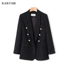 High Quality White Black Tweed Office Blazer Women Long Sleeve Gold Double Buttons Designer Blazers Outer Jacket Female Autumn