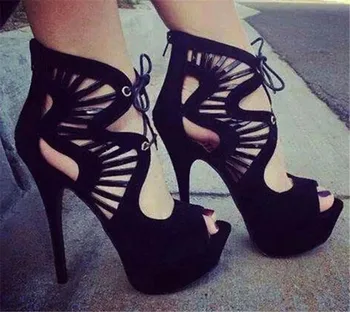 

Chaussure Femme 16cm Extreme High Heels Cross Tied Flock Thin Heel Sexy Lady Pumps Club Cut Out Platform Shoes High Heels Women