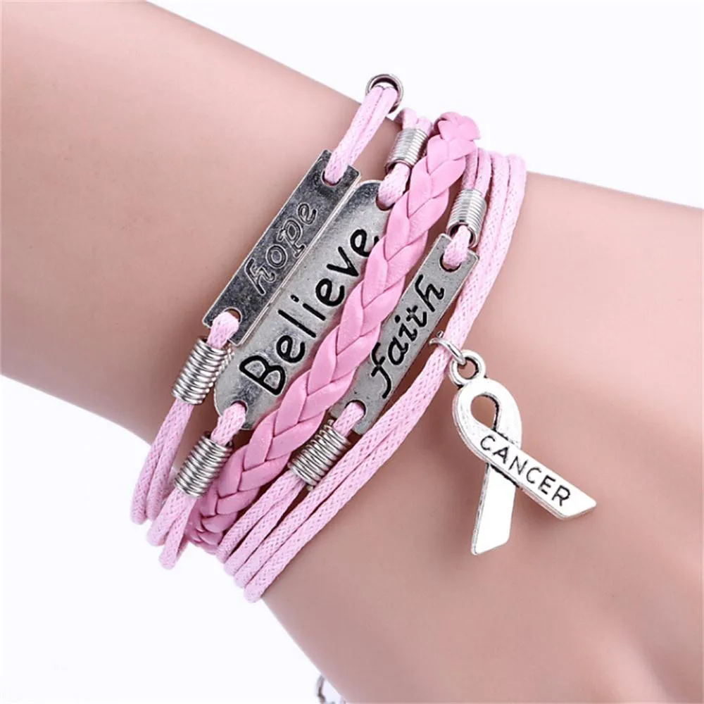 

Multi-layer Leather Rope Handmade Pink Ribbon Breast Cancer Awareness Bracelet