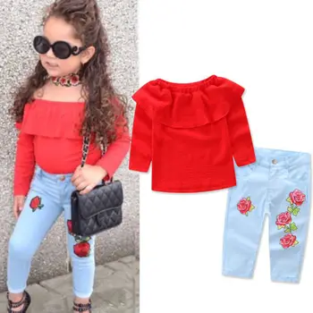 

2019 Toddler Girls Kids Off Shoulder Tops Denim Floral Pants Jeans 2pcs Outfits Set Clothes Pullover Sunsuit