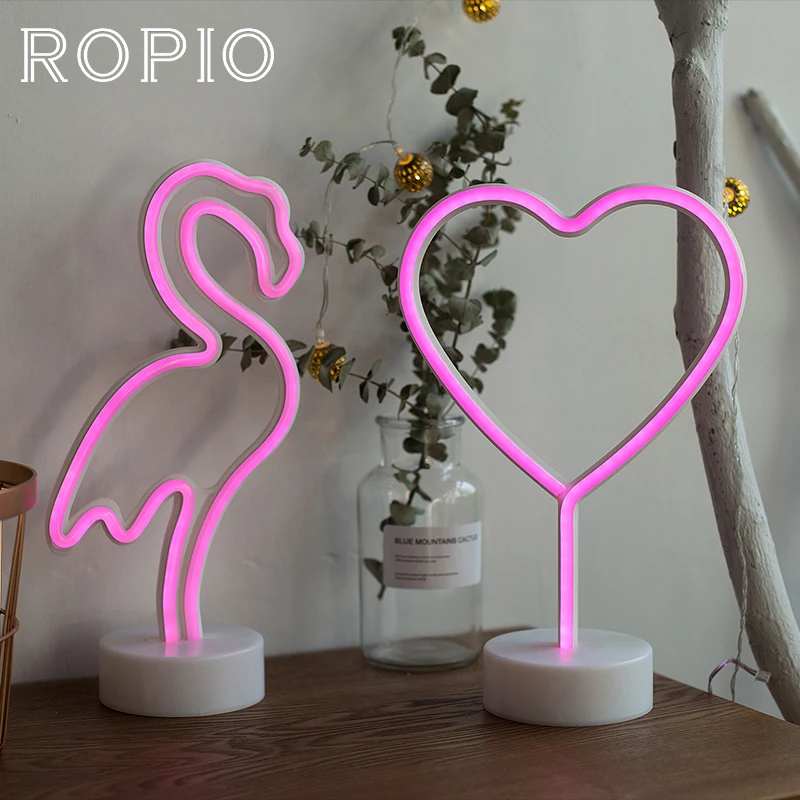  ROPIO LED Neon Abajur Night Light Table Night Lamp Flamingo Angel Heart Battery Operated for Home W - 32861243180