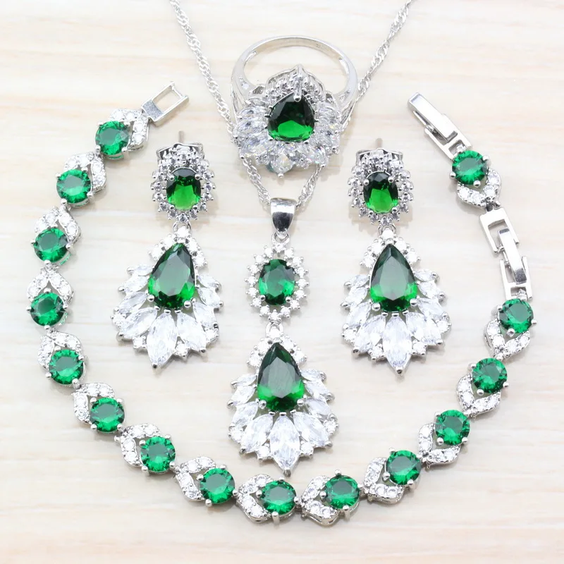 

Austrian Crystal Green Zircon 925 Silver Women Accessories Jewelry Sets Long Stud Earrings/Pendant&Necklace/Bracelet/Ring T180