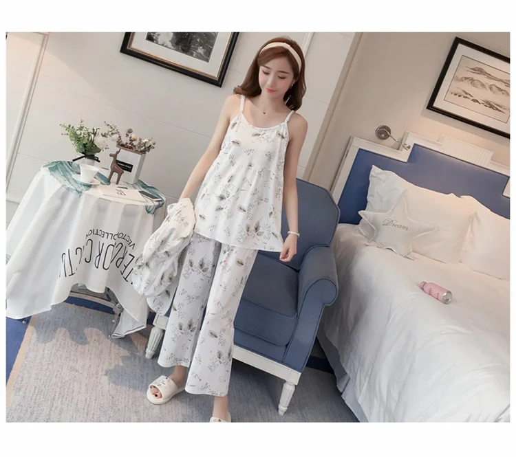 cute pajamas for women 2021 Autumn 3PCS Sexy Long Sleeve Robes Pajama Sets for Women Print Sleepwear Homewear Pijama Mujer Home Clothes Three Piece Set cute pjs
